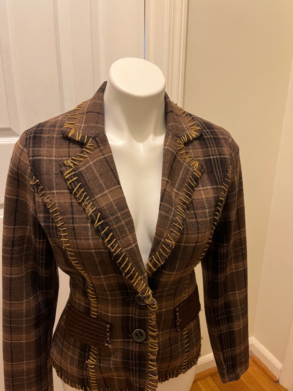 Brown Plaid Women's Tailored Blazer with Contrast Stitching